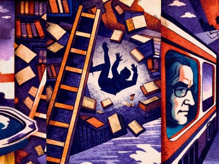 Geteiltes Bild: Ein Weinglas, darin ein Schiff. Ein Mann fällt von der Leiter in einem Bücherregal. Ein Mann schaut aus dem Fenster eines Zuges. Geteiltes Bild: Ein Weinglas, darin ein Schiff. Ein Mann fällt von der Leiter in einem Bücherregal. Ein Mann schaut aus dem Fenster eines Zuges.