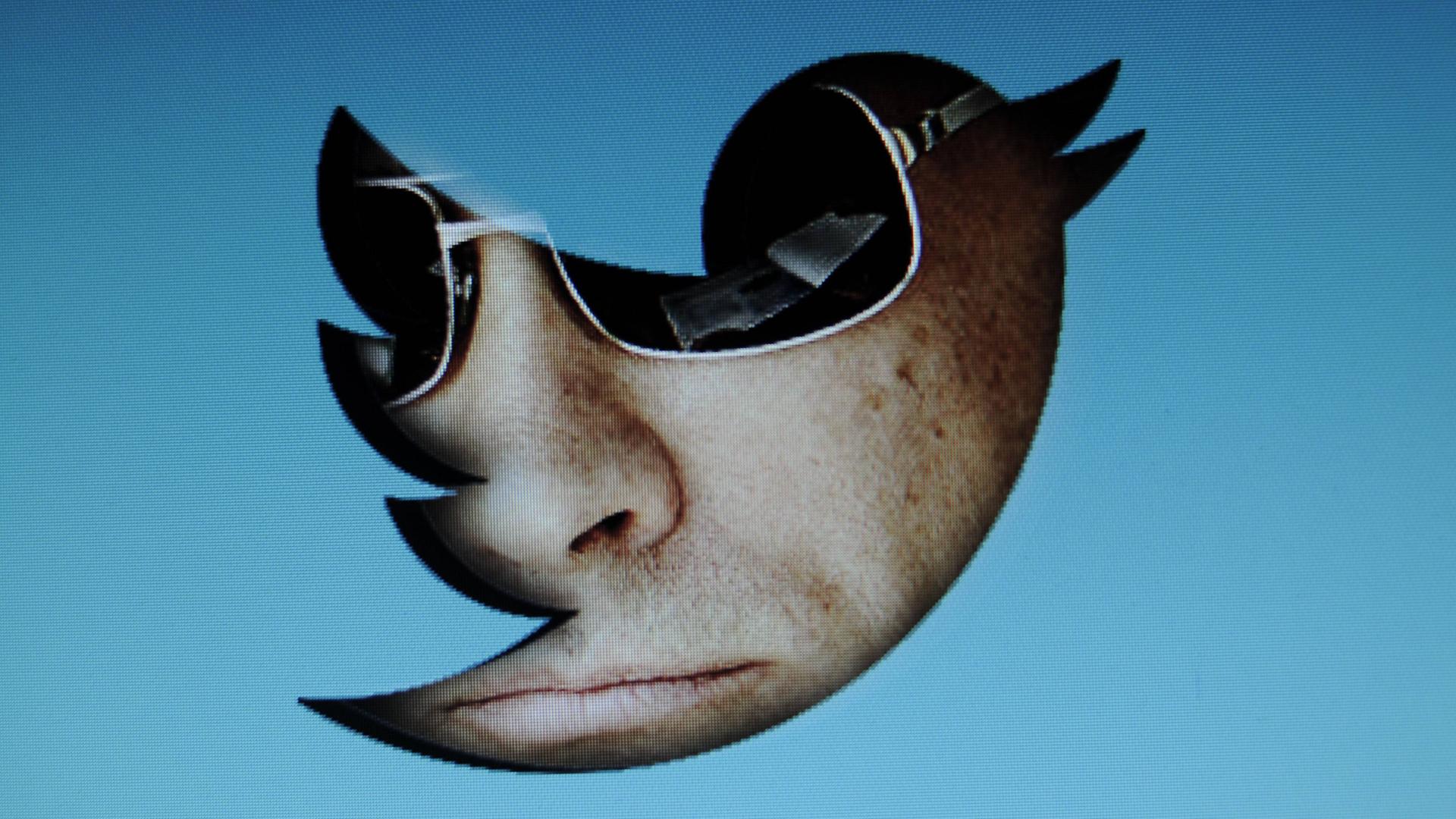 Ein Porträt von Wladimir Putin mit Sonnenbrille, das in den Umriss des Twitter-Logos eingefügt ist.