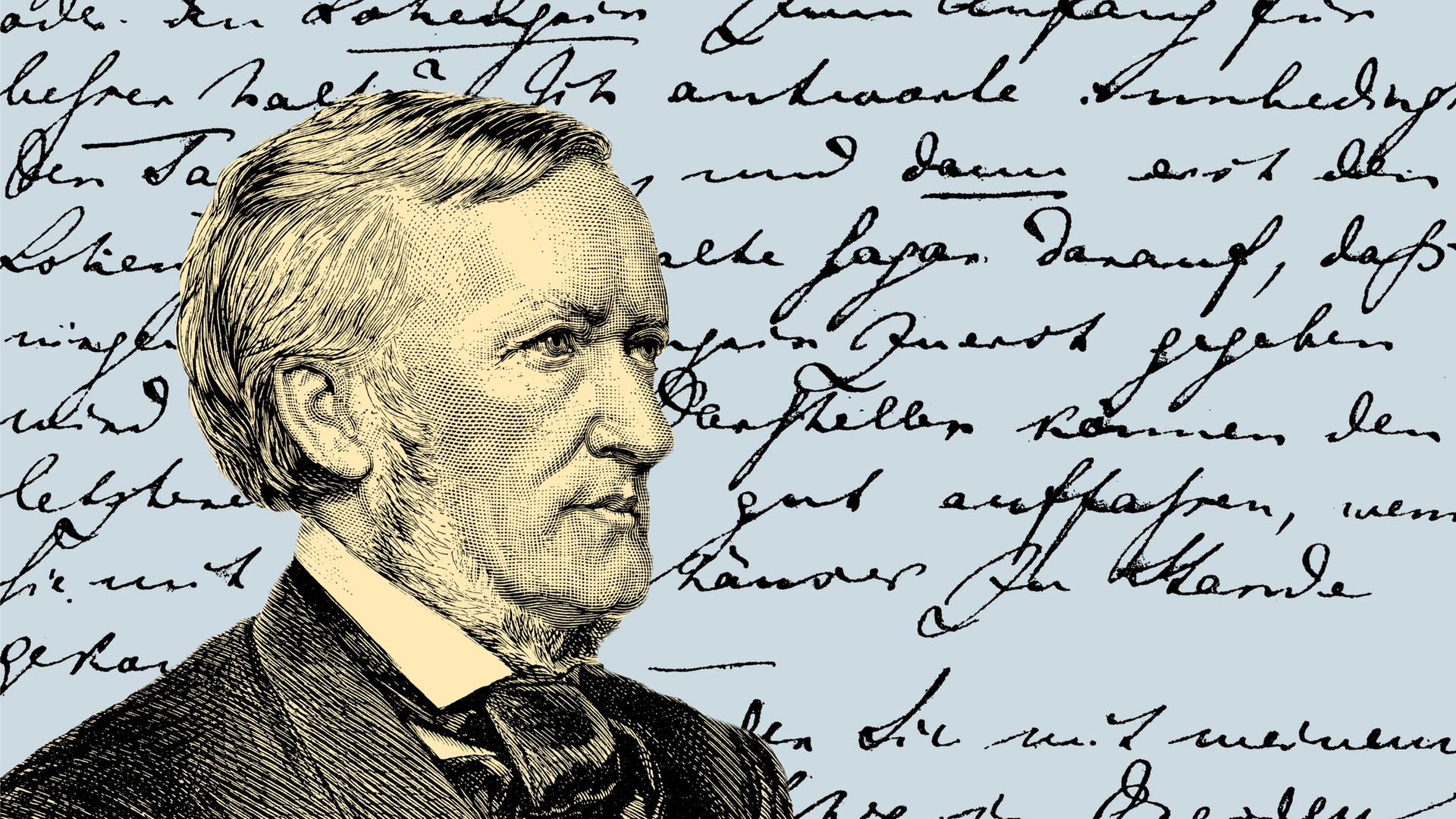 Gezeichnetes Porträt von Richard Wagner vor einem handschriftlichen Dokument.