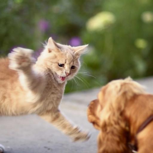 Eine Katze springt fauchend und kratzend einem Hund entgegen.