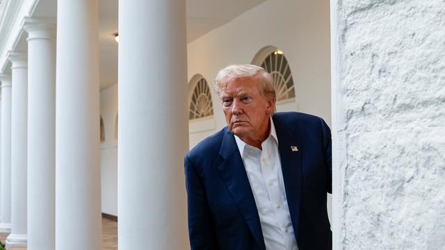 US-Präsident Donald Trump steht zwischen weißen Säulen des Weißen Haus. 