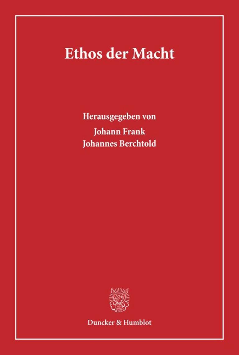 Mit weißer Schrift auf rotem Grund präsentiert sich das schlichte Buchcover, des wissenschaftlichen Sammelbands "Ethos der Macht", herausgegeben von Johann Frank und Johannes Berchtold, dessen einzige grafische Besonderheit ein schmaler weißer Rahmen ist.