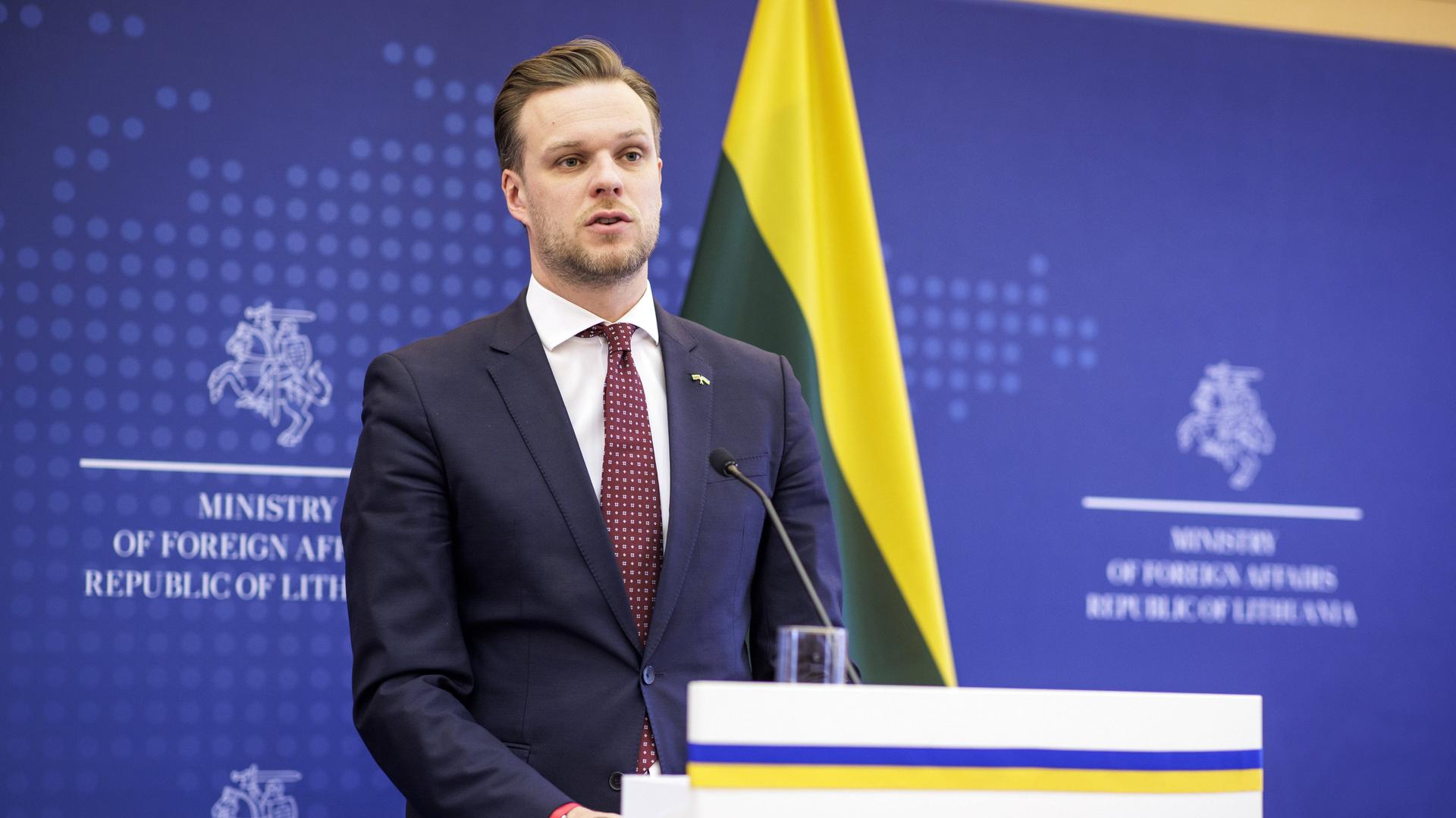 Der litauische Außenminister Gabrielius Landsbergis steht an einem Rednerpult.