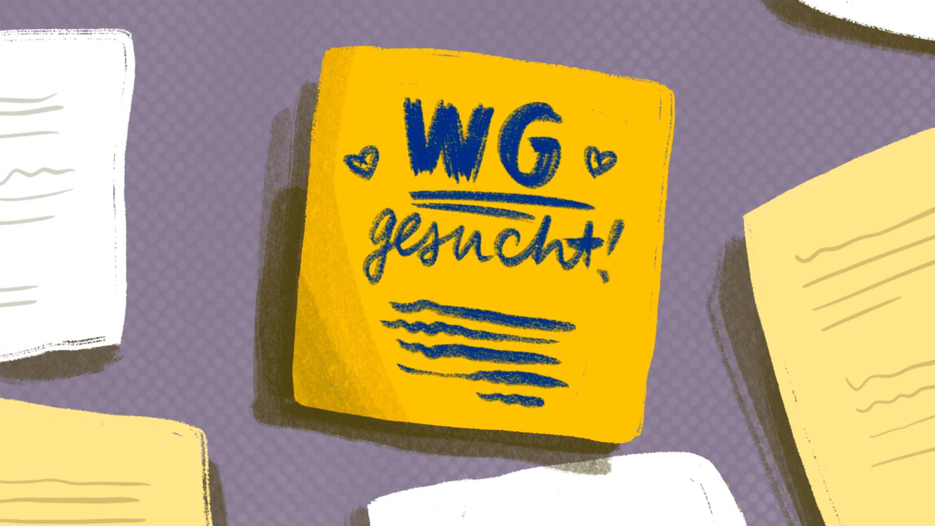 Eine Illustration zeigt einen Aushang mit einem Zettel auf dem "WG gesucht" steht.