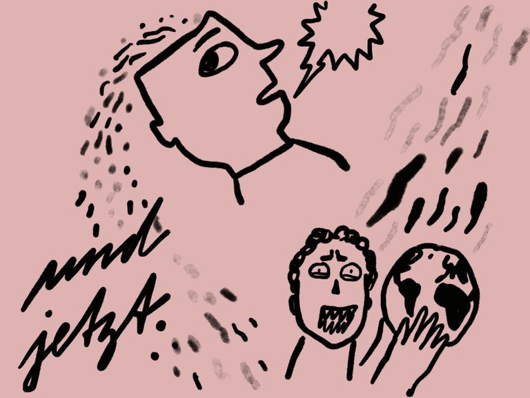 2 Skizzen vor pinkem Hintergrund, ein Kopf, aus dem Dinge herausfallen und ein entsetztes Gesicht, dazu Hände, die eine Weltkugel halten - links die Schrift "und jetzt". 2 Skizzen vor pinkem Hintergrund, ein Kopf, aus dem Dinge herausfallen und ein entsetztes Gesicht, dazu Hände, die eine Weltkugel halten - links die Schrift "und jetzt".