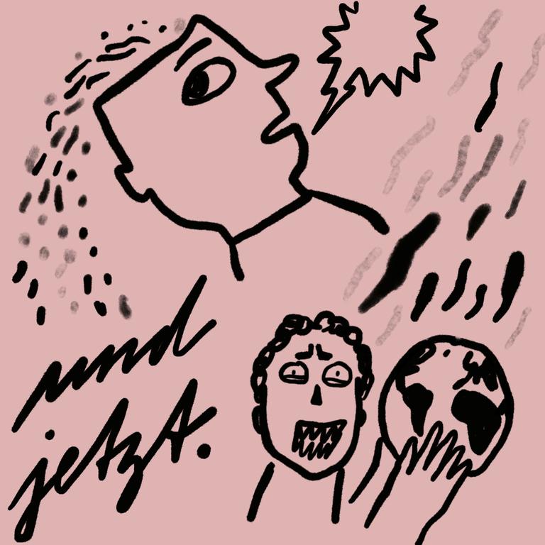 2 Skizzen vor pinkem Hintergrund, ein Kopf, aus dem Dinge herausfallen und ein entsetztes Gesicht, dazu Hände, die eine Weltkugel halten - links die Schrift "und jetzt".