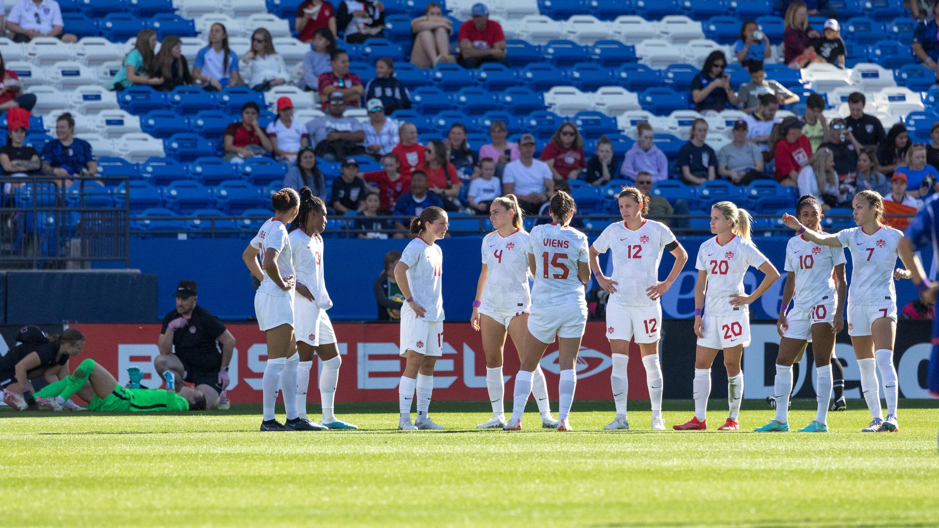 Die kanadische Frauen-Nationalmannschaft steht während eines Spiels auf dem Fußballplatz. Die kanadische Frauen-Nationalmannschaft steht während eines Spiels auf dem Fußballplatz.