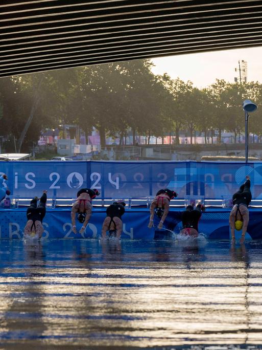 Zu sehen ist der Schwimmstart der Freiwasser-Schwimmerinnen bei den Olympischen Spielen: Eine Reihe von Athletinnen springt mit einem Kopfsprung in die Seine.