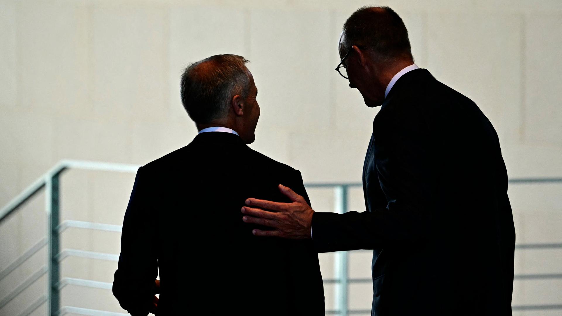 Bundeskanzler Friedrich Merz und Kanadas Premierminister Mark Carney sind von hinten zu sehen.