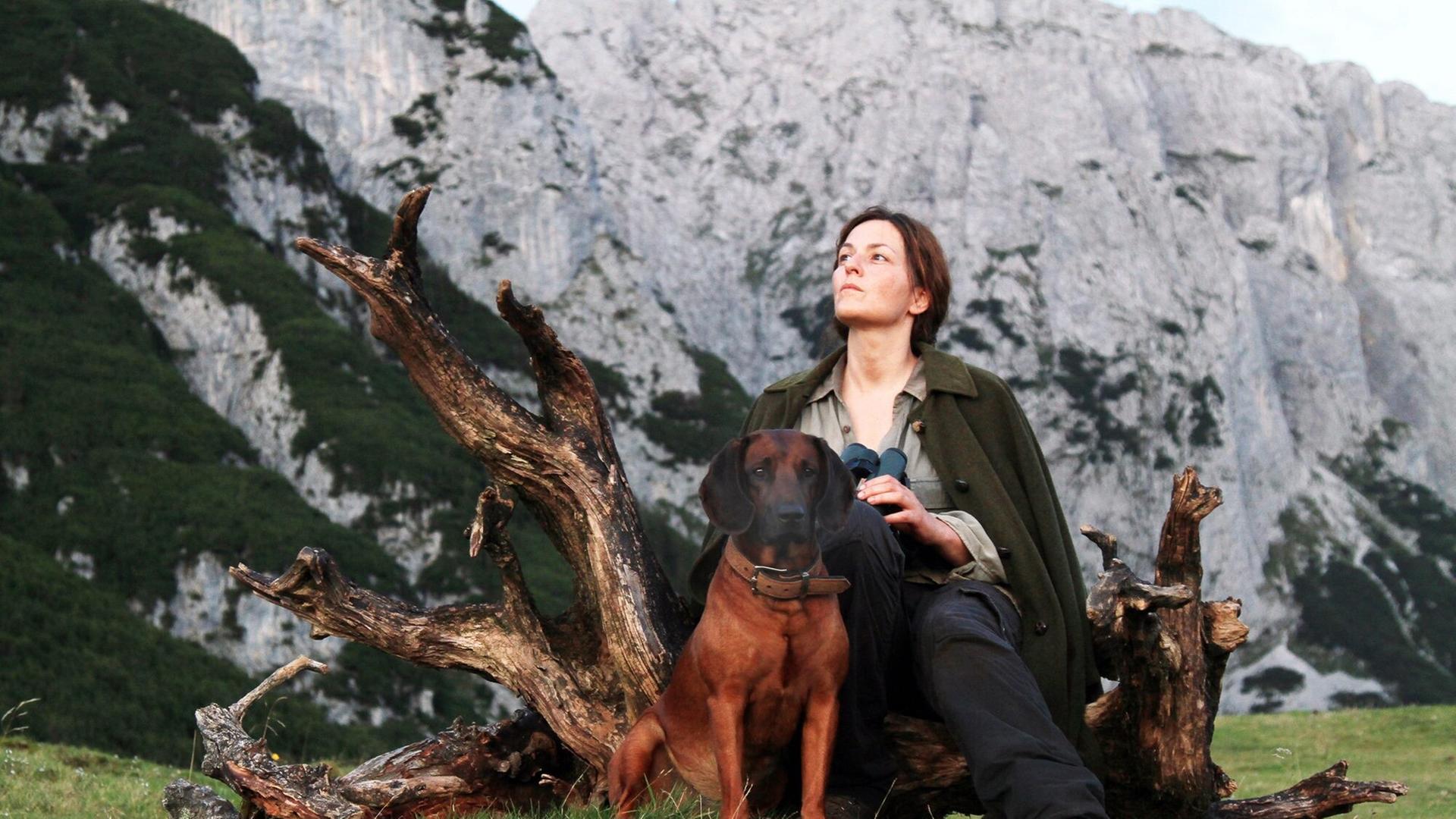 Im Filmstill von "Die Wand" sitzt Martina Gedeck mit ihrem Hund an der Seite auf einem Baumstumpf und schaut ins Gebirge.