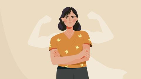 Illustration zeigt eine selbstbewusste Frau. Im Hintergrund ein sitilisiertes Superheldenkostüm.