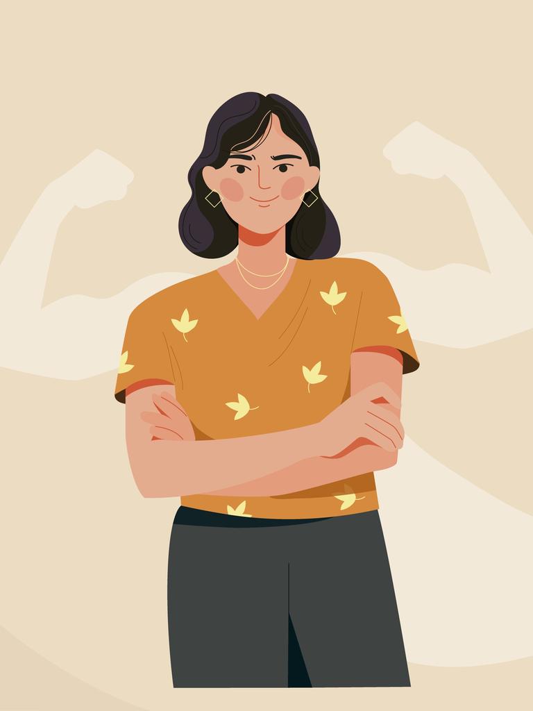 Illustration zeigt eine selbstbewusste Frau. Im Hintergrund ein sitilisiertes Superheldenkostüm.