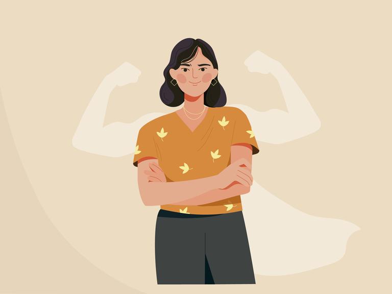 Illustration zeigt eine selbstbewusste Frau. Im Hintergrund ein sitilisiertes Superheldenkostüm.