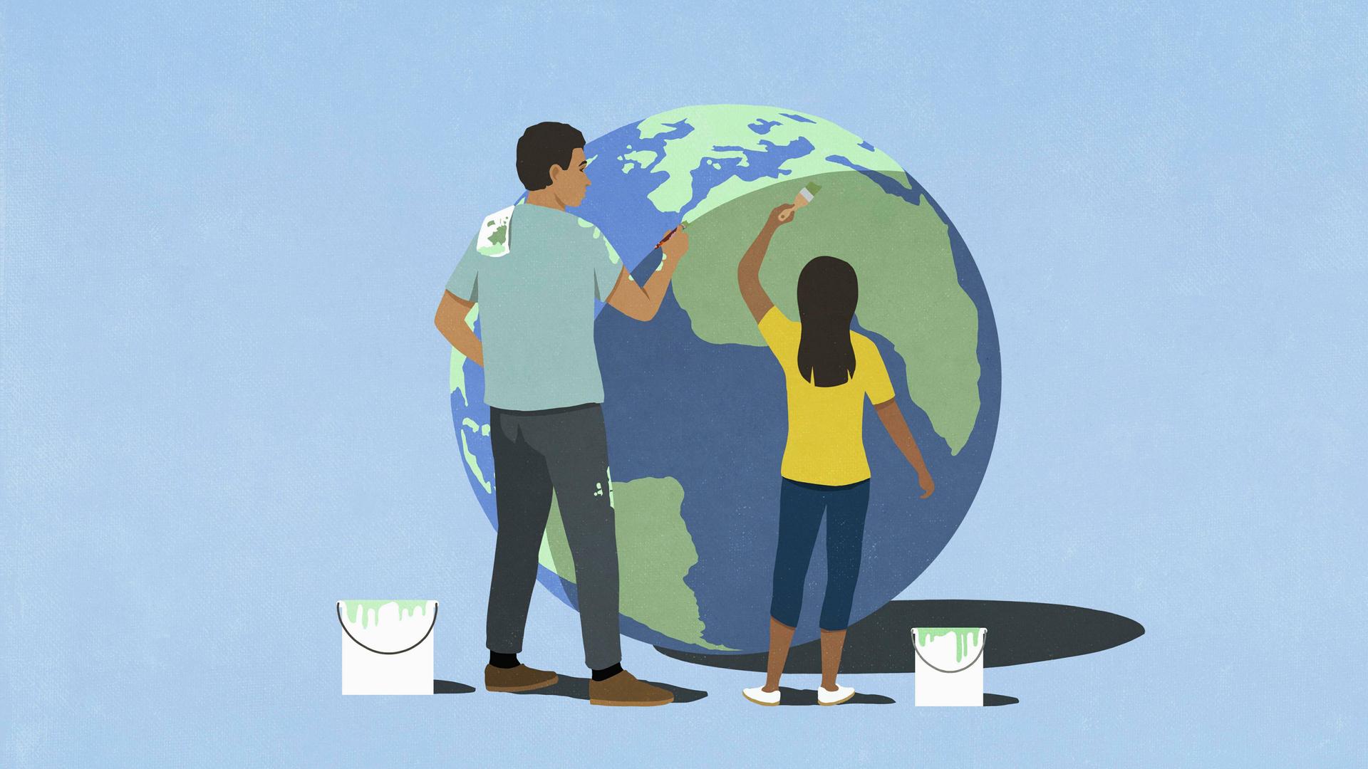 Grafik: Vater und Tochter arbeiten gemeinsam an der Erneuerung des Erdballs