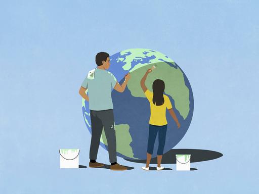 Grafik: Vater und Tochter arbeiten gemeinsam an der Erneuerung des Erdballs