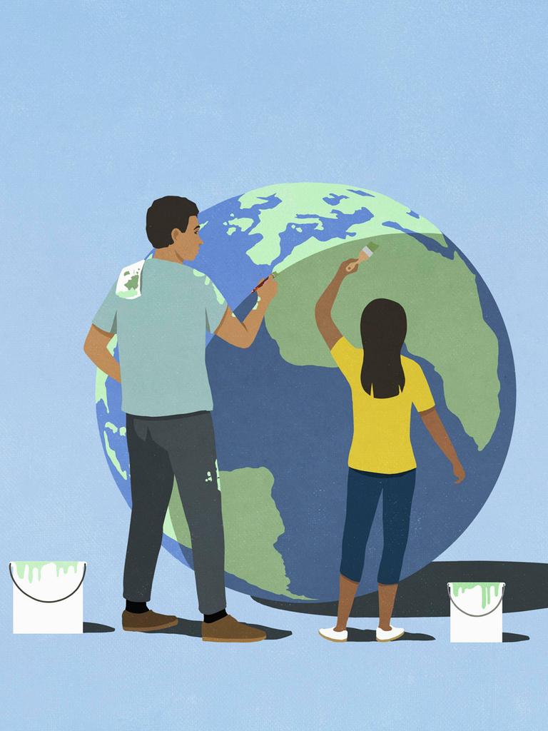 Grafik: Vater und Tochter arbeiten gemeinsam an der Erneuerung des Erdballs
