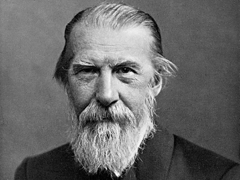 Die undatierte Fotografie zeigt den deutschen Schriftsteller Wilhelm Raabe, Pseudonym: Jakob Corvinus (1831-1910). Er hat weiße nach hinten gekämmte Haare und einen langen Bart.