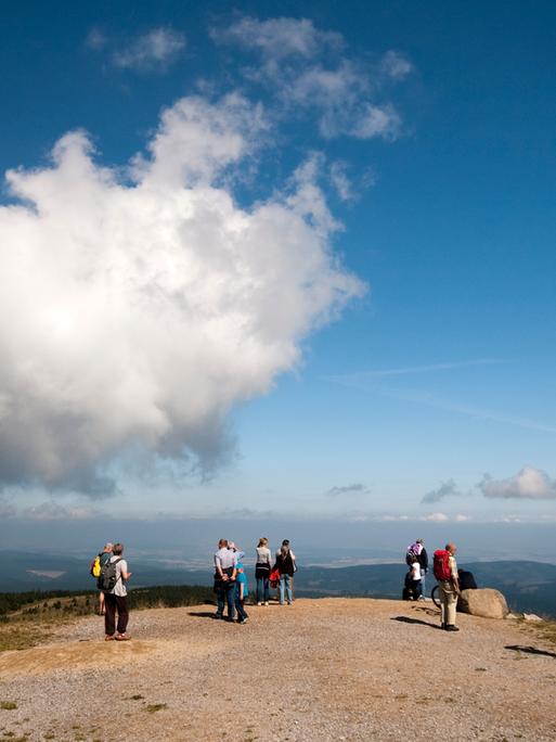Menschen, die auf den Brocken im Harz gewandert sind, sie blicken über die Wälder und Landschaften des Harzes (Symbolbild)