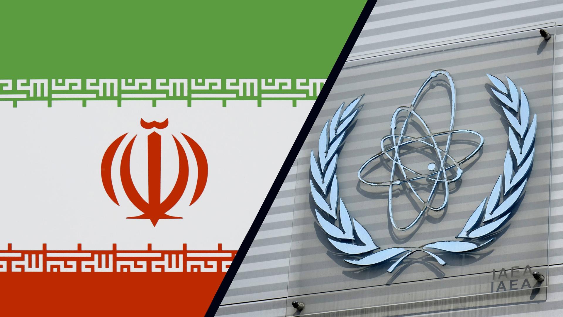 Neben einer Flagge des Iran befindet sich in einer Montage das Symbol der IAEA.