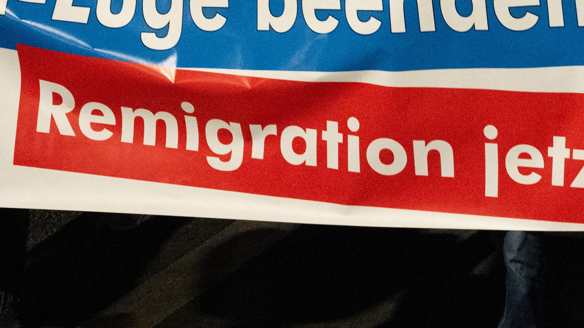 Einem Protestbanner ist das Wort "Remigration" zu lesen.