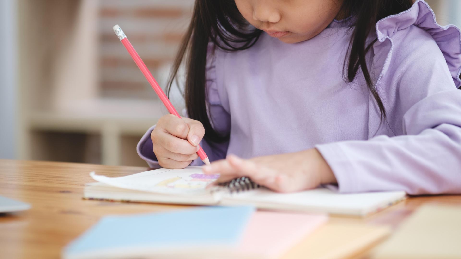 Ein Mädchen in hell violettem Oberteil sitzt an einem Schreibtisch und schreibt mit einem pinken Bleistift in ein Ringbuch