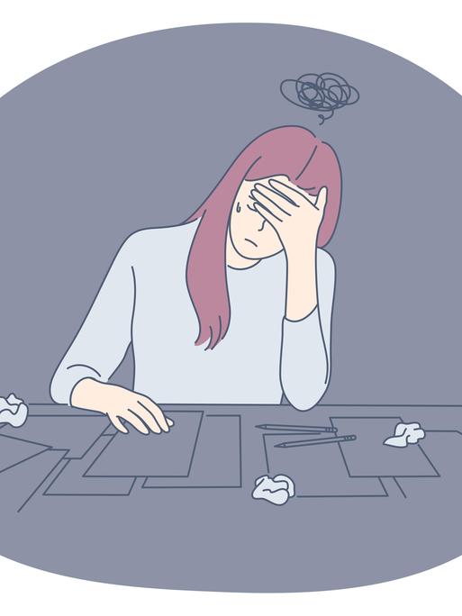 Eine Grafik: Eine Frau sitzt an einem Tisch. Vor ihr sind Papiere ausgebreitet, außerdem liegen Stifte vor ihr. Sie greift sich an den Kopf und wirkt missmutig.