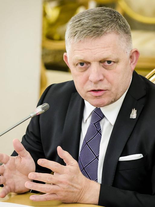 Der Slowakische Premier Fico sitzt vor einem Mikrofon an einem Tisch und gestikuliert.