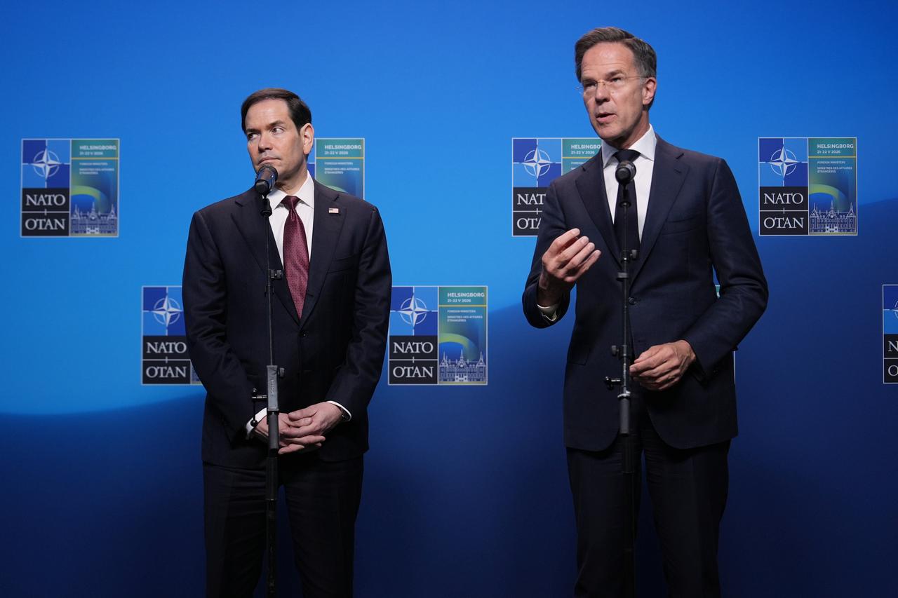 US-Außenminister Marco Rubio und NATO-Generalsekretär Mark Rutte bei einem gemeinsamen Statement während des NATO-Außenministertreffens in der schwedischen Stadt Helsingborg.
