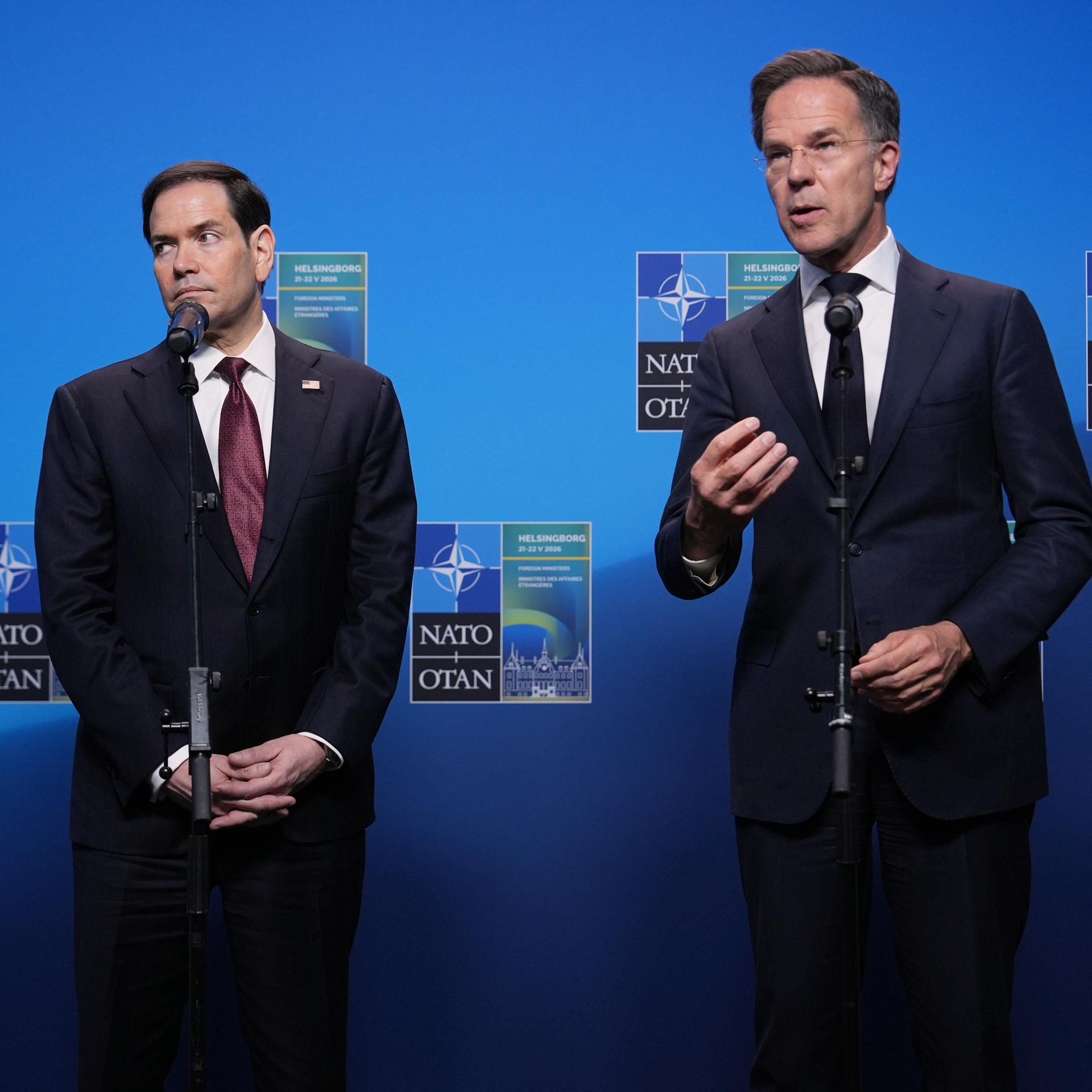 US-Außenminister Marco Rubio und NATO-Generalsekretär Mark Rutte bei einem gemeinsamen Statement während des NATO-Außenministertreffens in der schwedischen Stadt Helsingborg.