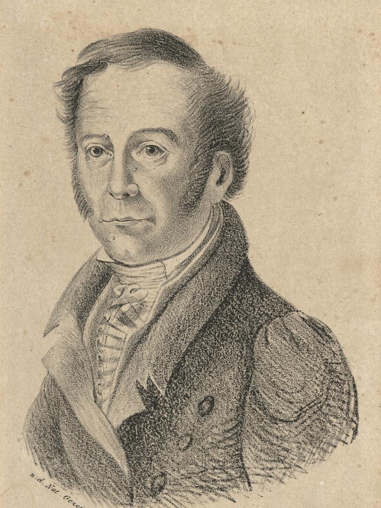 Ein gezeichnetes Porträt von Johann Christian Woyzeck vor gelblichem Hintergrund.