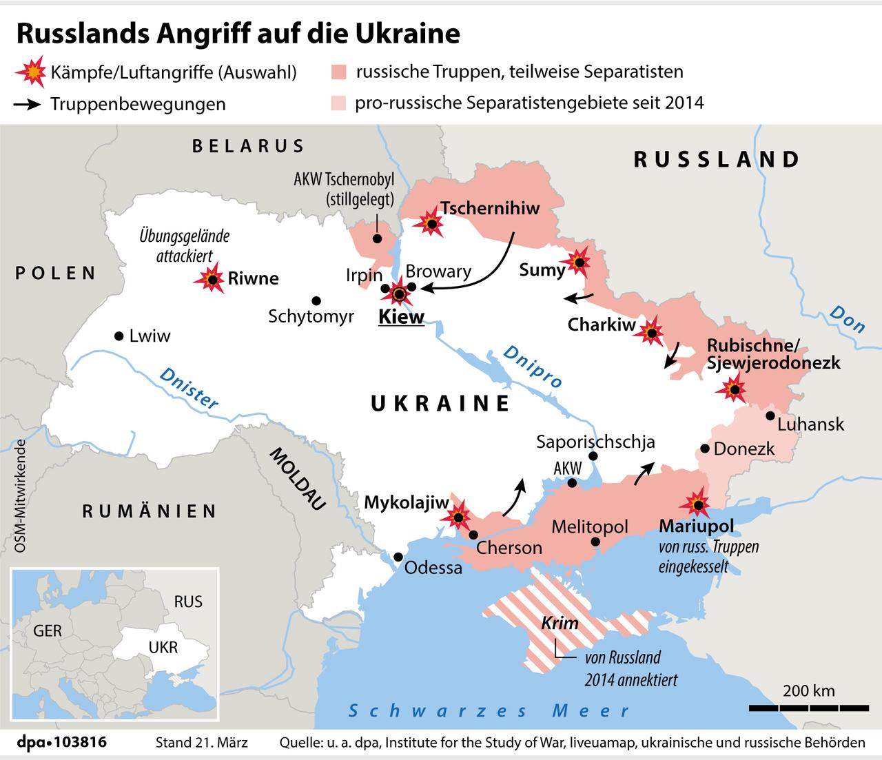 Der Stand der Landgewinne der russischen Invasion bis zum 21.3.2022 ist zu sehen.