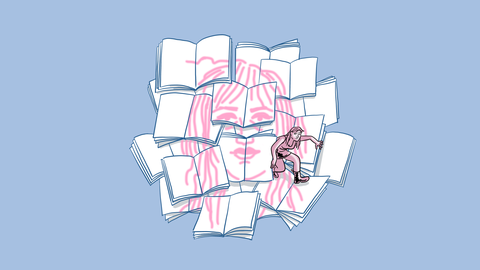 Illustration: Auf den weißen Seiten neben- und übereinanderliegender Büchlein zeigt sich ein in pink gezeichneter Frauenkopf. Zwischen den vielen Büchlein mit der Zeichnung steigt eine pinkfarbene weibliche Figur hervor.