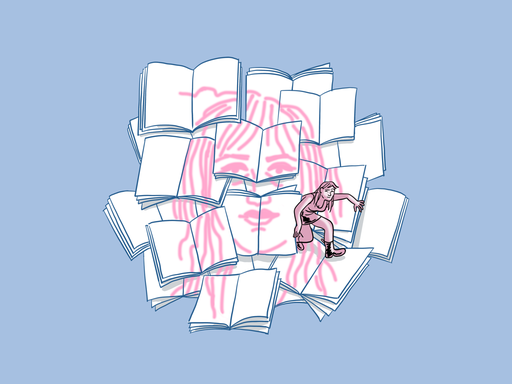 Illustration: Auf den weißen Seiten neben- und übereinanderliegender Büchlein zeigt sich ein in pink gezeichneter Frauenkopf. Zwischen den vielen Büchlein mit der Zeichnung steigt eine pinkfarbene weibliche Figur hervor.