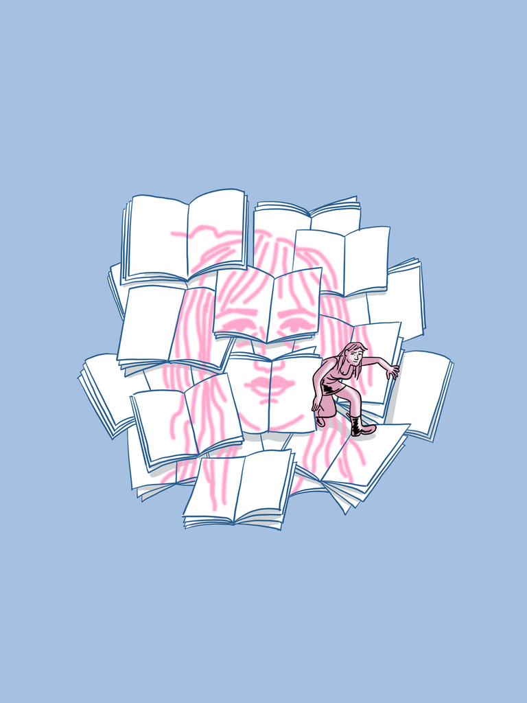 Illustration: Auf den weißen Seiten neben- und übereinanderliegender Büchlein zeigt sich ein in pink gezeichneter Frauenkopf. Zwischen den vielen Büchlein mit der Zeichnung steigt eine pinkfarbene weibliche Figur hervor.