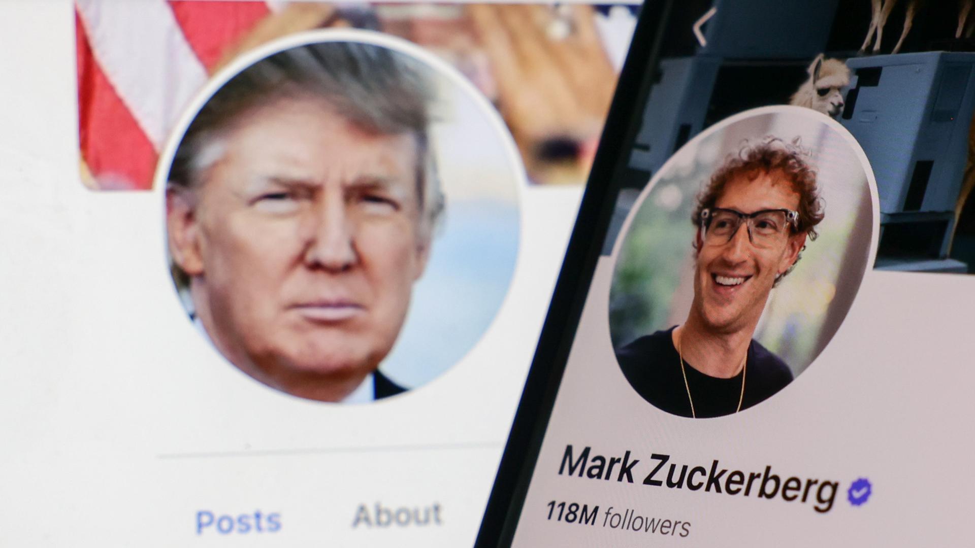 Zu sehen sind die Social-Media-Profile mit den Profilbildern von Donald Trump und dem Chef des Meta-Konzerns, Marc Zuckerberg.