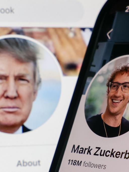 Zu sehen sind die Social-Media-Profile mit den Profilbildern von Donald Trump und dem Chef des Meta-Konzerns, Marc Zuckerberg.