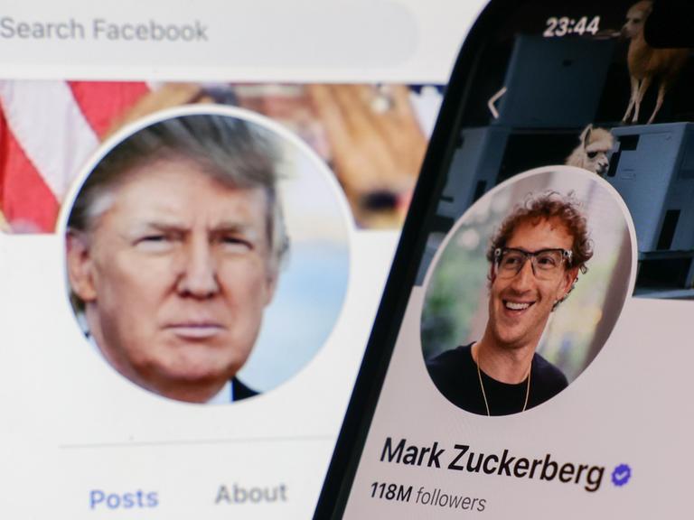 Zu sehen sind die Social-Media-Profile mit den Profilbildern von Donald Trump und dem Chef des Meta-Konzerns, Marc Zuckerberg.