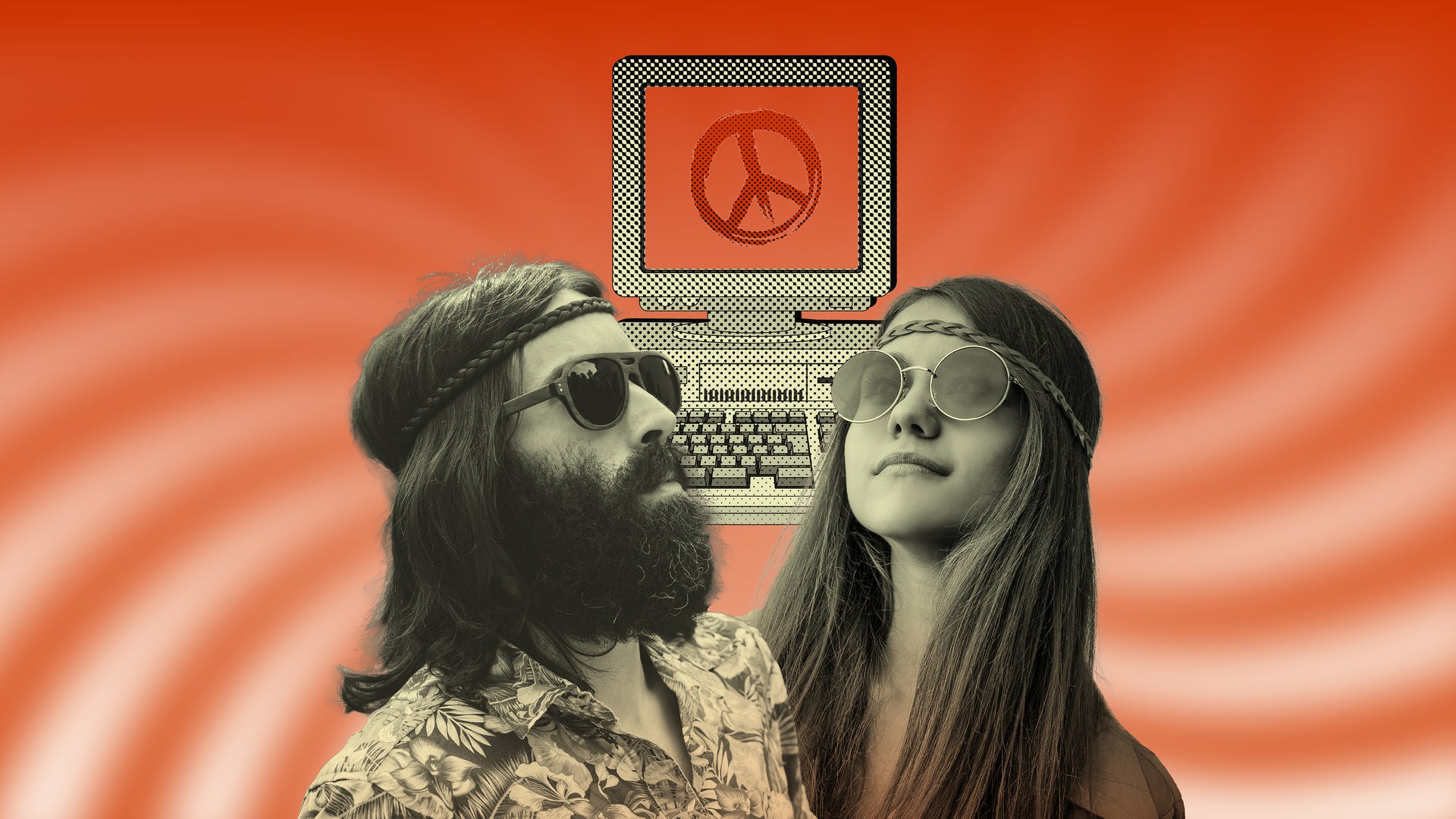 Collage von zwei Hippies mit Sonnenbrille vor der Illustration eines alten Computers, auf dessen Bildschirm ein Peacezeichen zu sehen ist.
