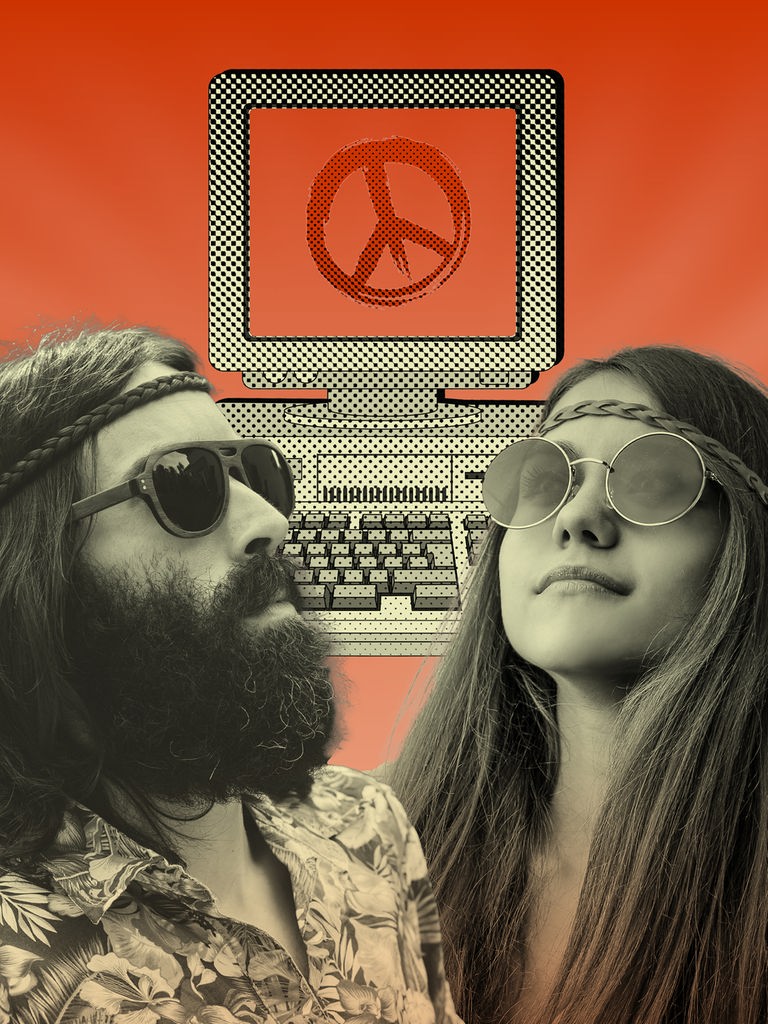 Collage von zwei Hippies mit Sonnenbrille vor der Illustration eines alten Computers, auf dessen Bildschirm ein Peacezeichen zu sehen ist.

