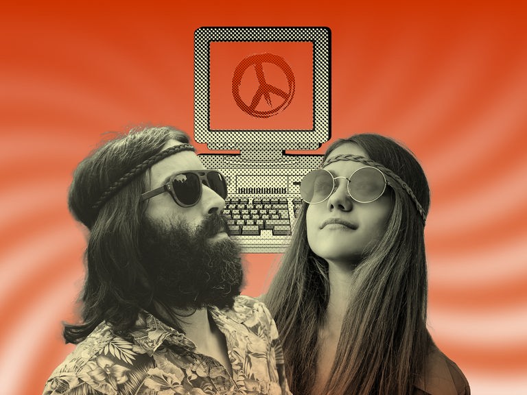 Collage von zwei Hippies mit Sonnenbrille vor der Illustration eines alten Computers, auf dessen Bildschirm ein Peacezeichen zu sehen ist.
