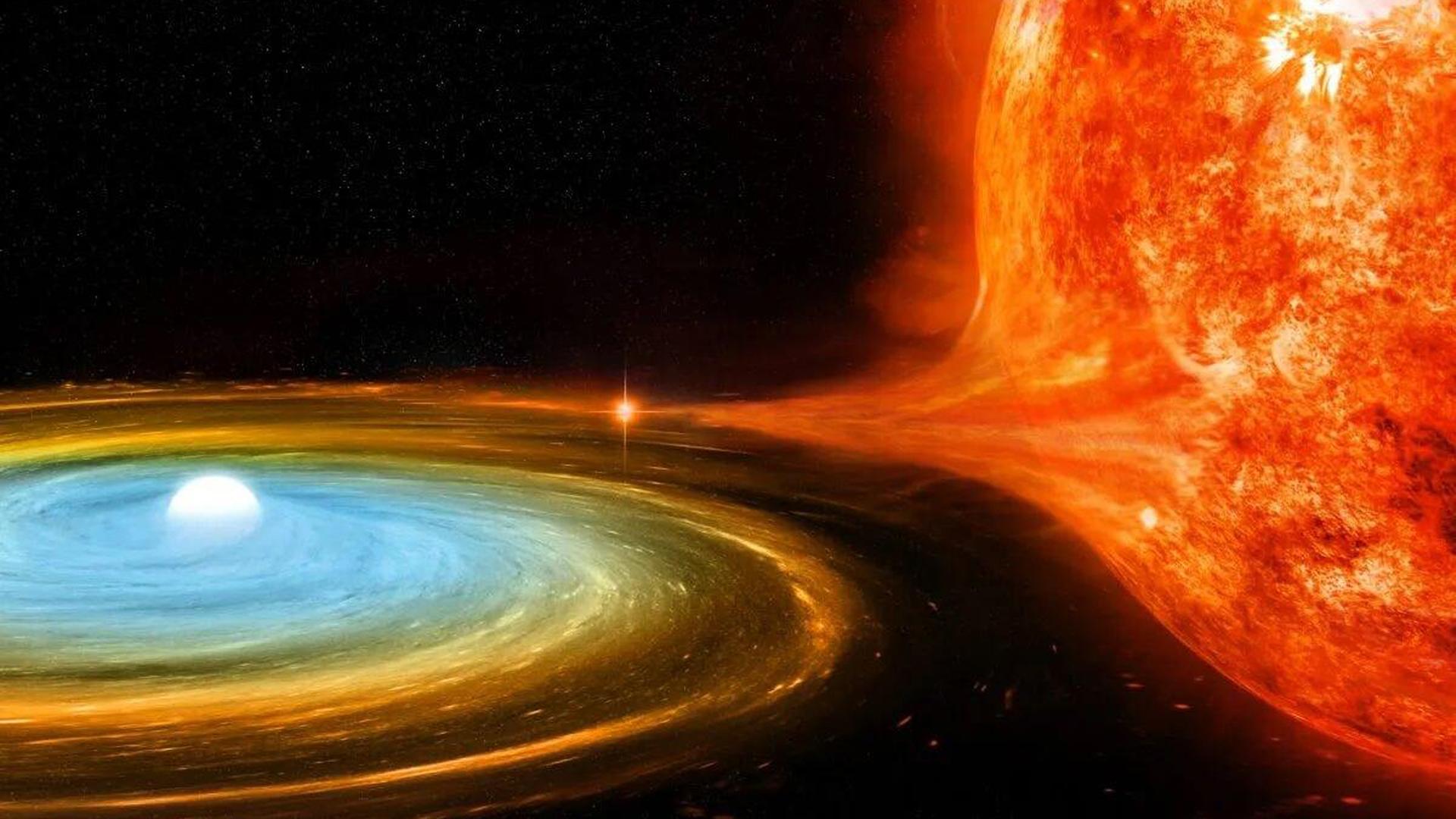 Die Illustration zeigt ein kosmisches Ereignis: den Ausbruch einer Nova.