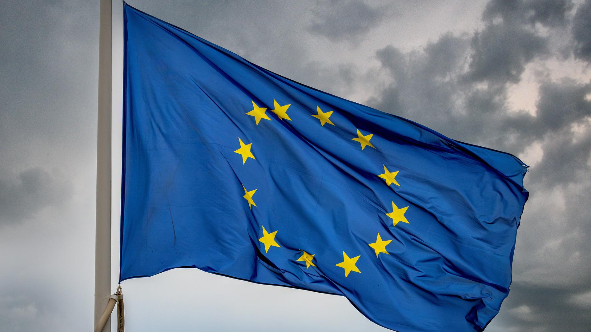 Eine Flagge der EU mit den 12 gelben Sternen auf blauem Hintergrund weht vor einem grau bewölkten Himmel.
