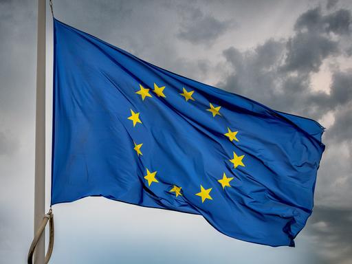 Eine Flagge der EU mit den 12 gelben Sternen auf blauem Hintergrund weht vor einem grau bewölkten Himmel.
