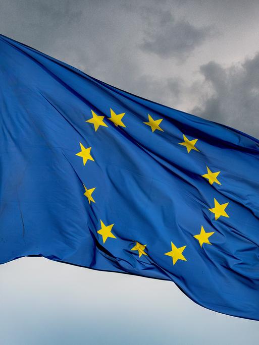 Eine Flagge der EU mit den 12 gelben Sternen auf blauem Hintergrund weht vor einem grau bewölkten Himmel.