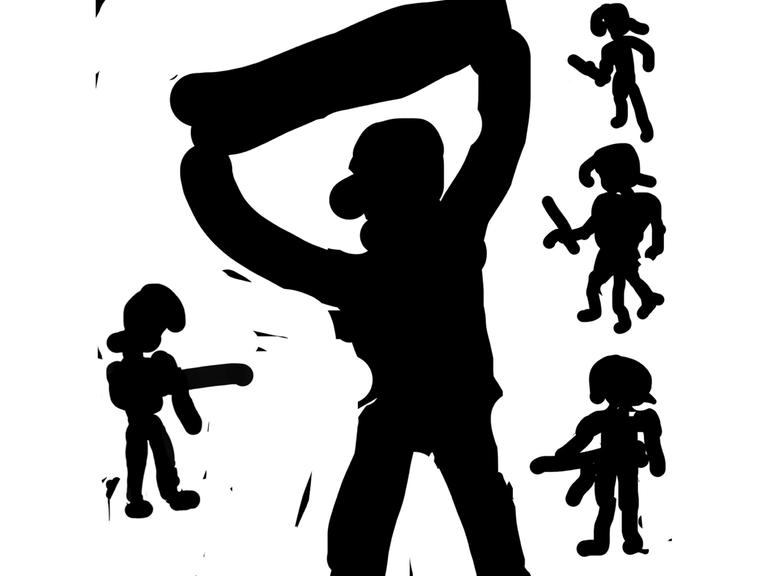 Eine schwarze Frau auf einem holzschnittartigen s/w-Bild hält einen länglichen schwarzen Gegenstand in die Höhe