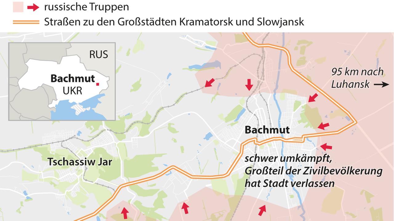 Das Bild zeigt eine Karte von der militärischen Lage in der ukranischen Stadt Bachmut.