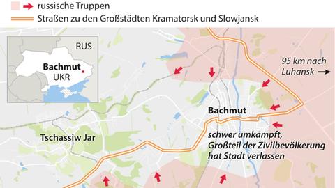 Das Bild zeigt eine Karte von der militärischen Lage in der ukranischen Stadt Bachmut.