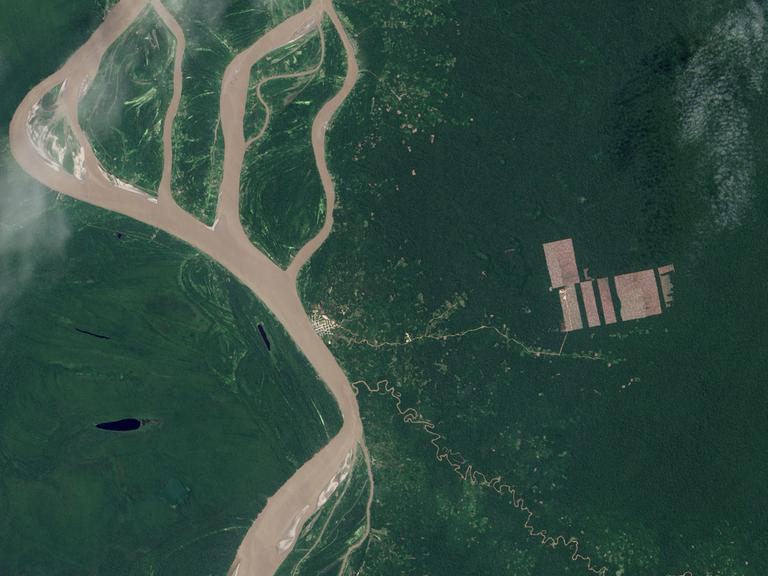 Rodung von Regenwald nahe dem Amazonas in Peru aus Sicht des US-Satelliten Landsat 8