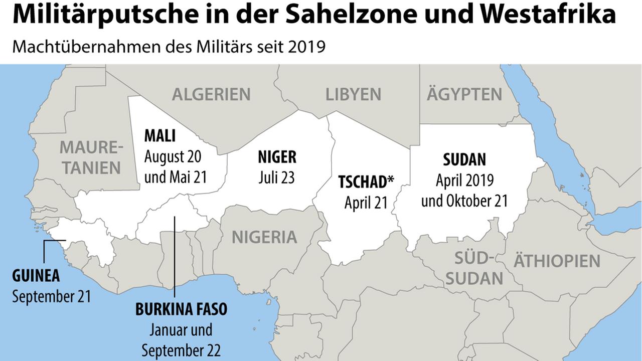 Eine Grafik, die die Länder der Sahelzone und Westafrikas zeigt, sowie Putsche, die dort stattgefunden haben.