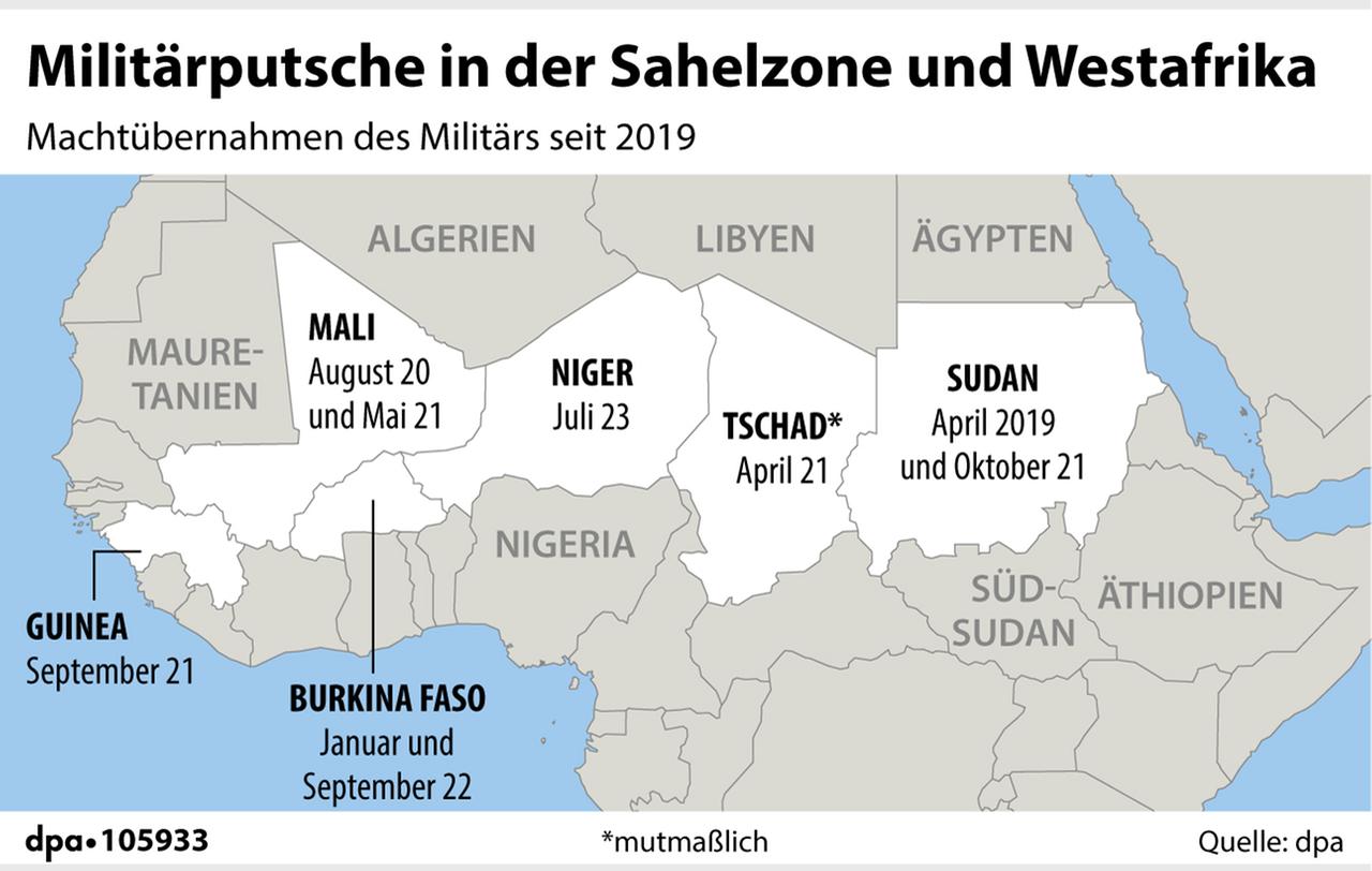 Eine Grafik, die die Länder der Sahelzone und Westafrikas zeigt, sowie Putsche, die dort stattgefunden haben.